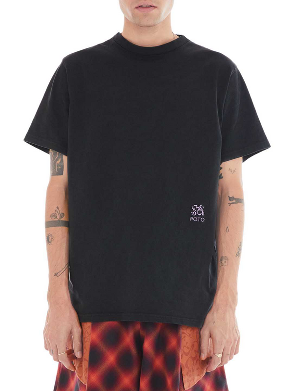 front of black t-shirt with embroidered monogram 