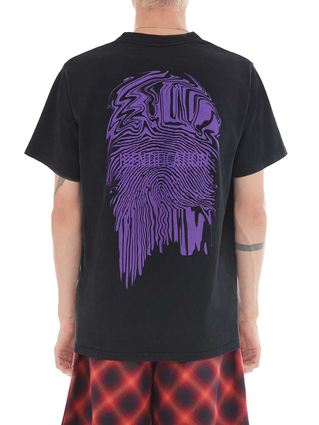 back of black t-shirt with purple fingerprint print 