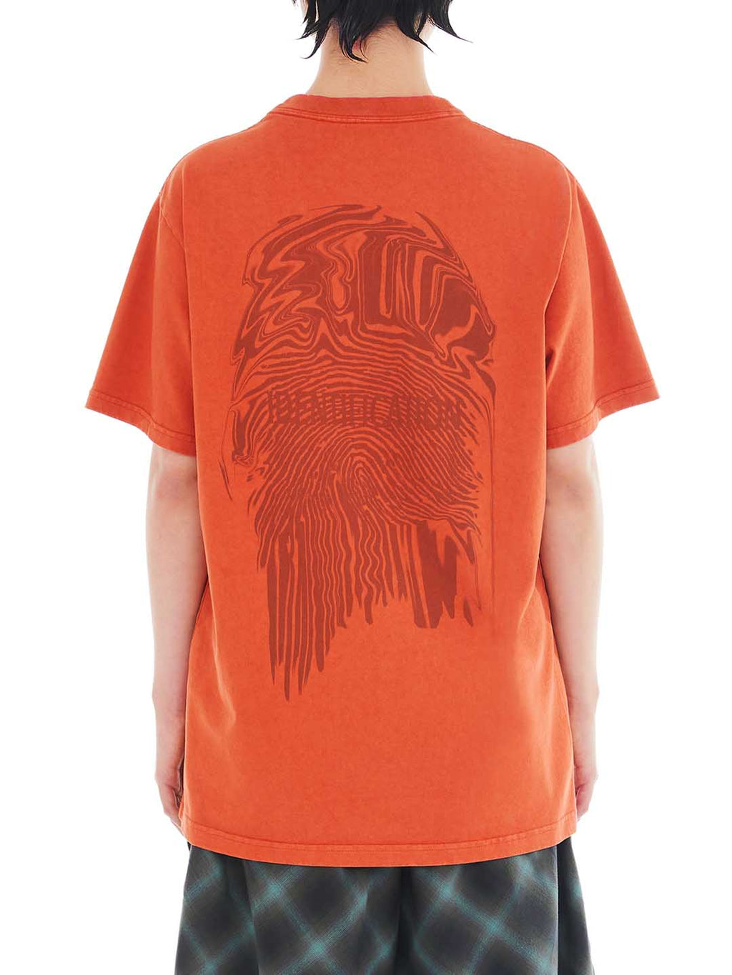back of orange t-shirt with fingerprint print 