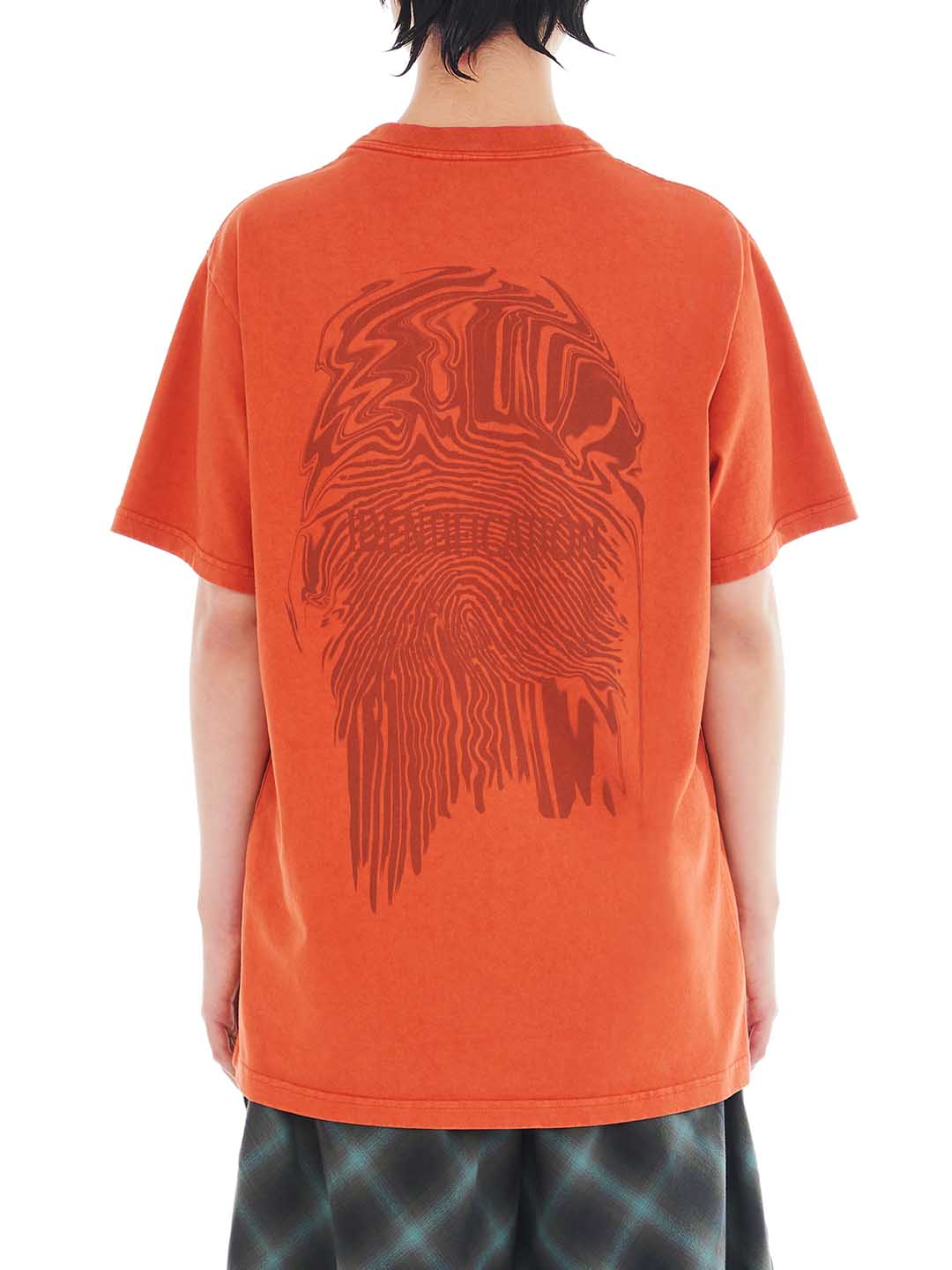 back of orange t-shirt with fingerprint print 