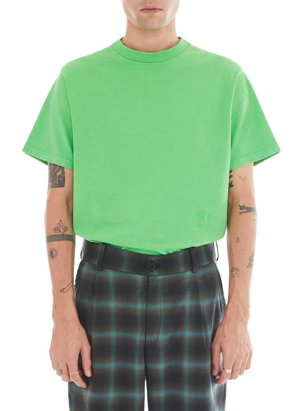 front of green t-shirt with tonal embroidered monogram 