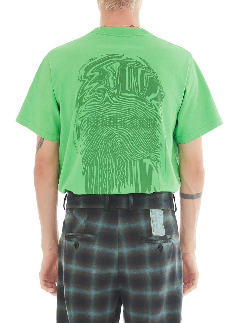 back of green t-shirt with fingerprint print 
