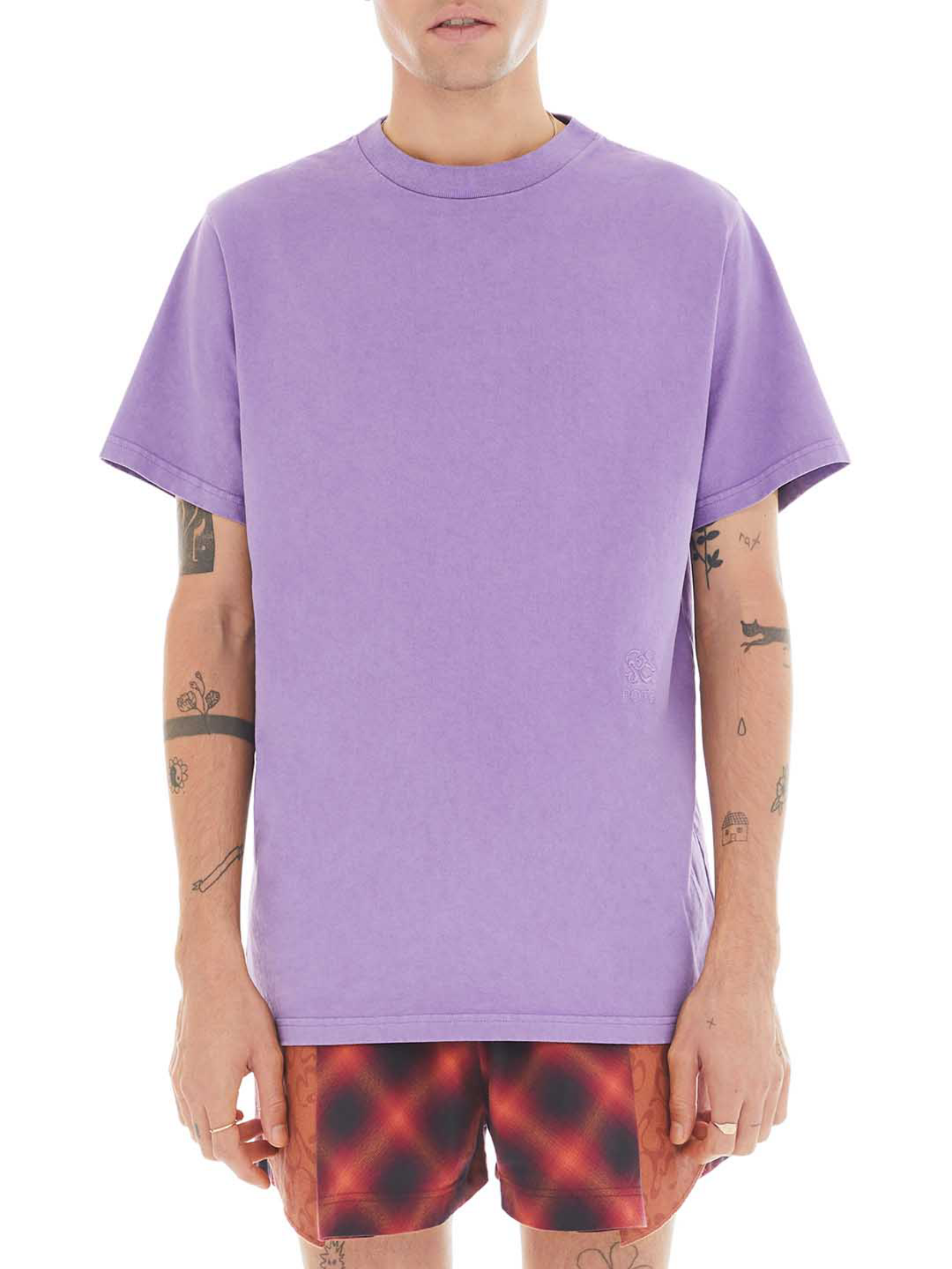 front of purple t-shirt with tonal embroidered monogram 