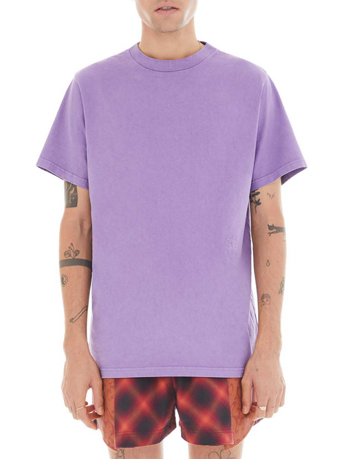 front of purple t-shirt with tonal embroidered monogram 