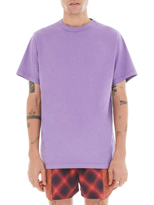 front of purple t-shirt with tonal embroidered monogram 