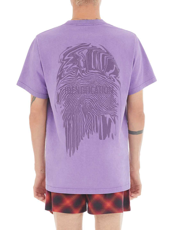 back of purple t-shirt with purple fingerprint print 