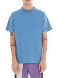 front of blue t-shirt with tonal embroidered monogram 