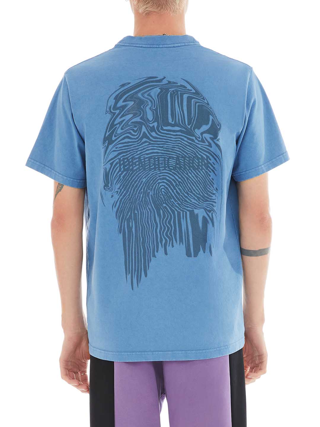 back of blue t-shirt with fingerprint print 