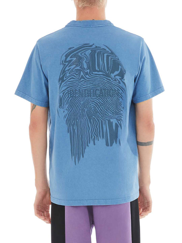 back of blue t-shirt with fingerprint print 