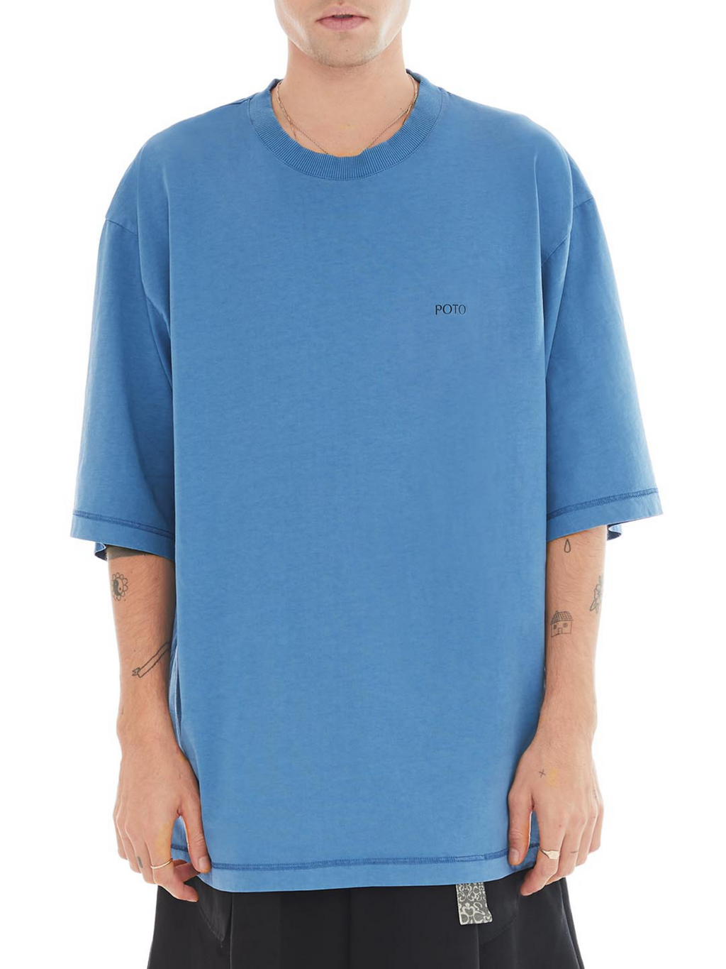 front blue oversized tee with logo print