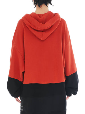 back of coral and black upcycled hoodie made from organic cotton